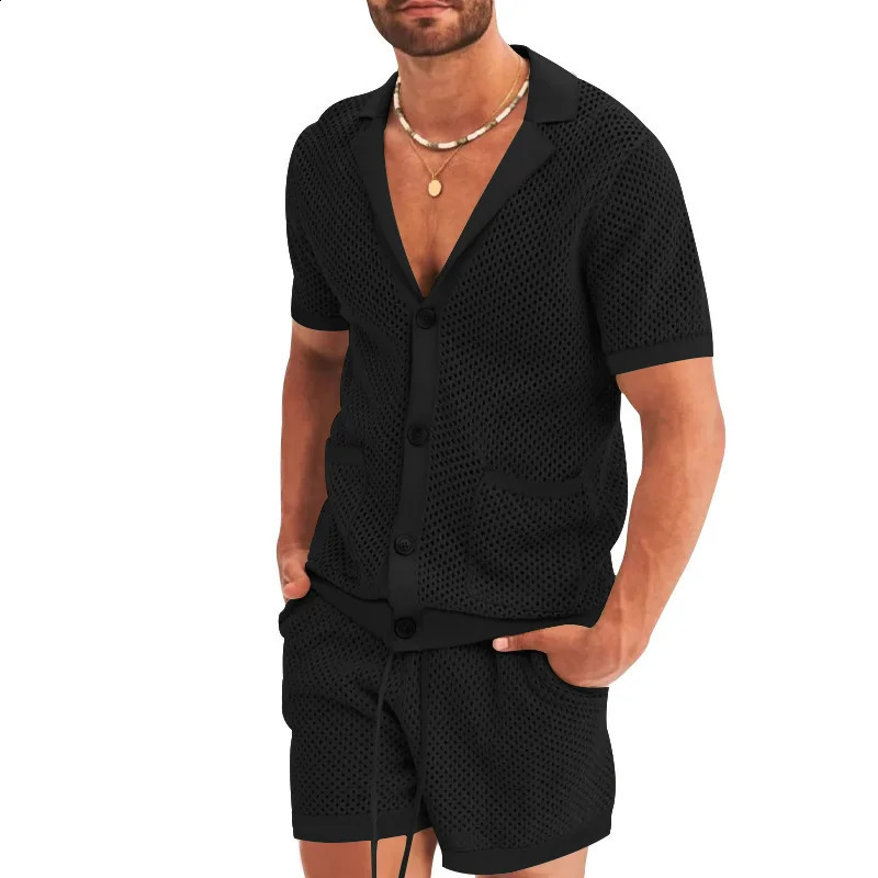 Summer Men Shorts Mesh Hollow Out Knitted Casual Sports Lapel TShirt Short Sleeve Solid Beach Suit Mens 2 Pieces Set Suits y240820