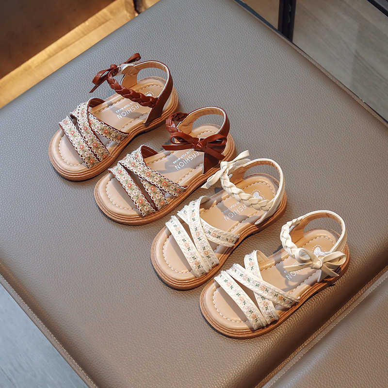 Sneakers Soft leather girls ethnic style sandals childrens open toed Roman shoes 2024 summer new womens baby shoes princess shoes H240805