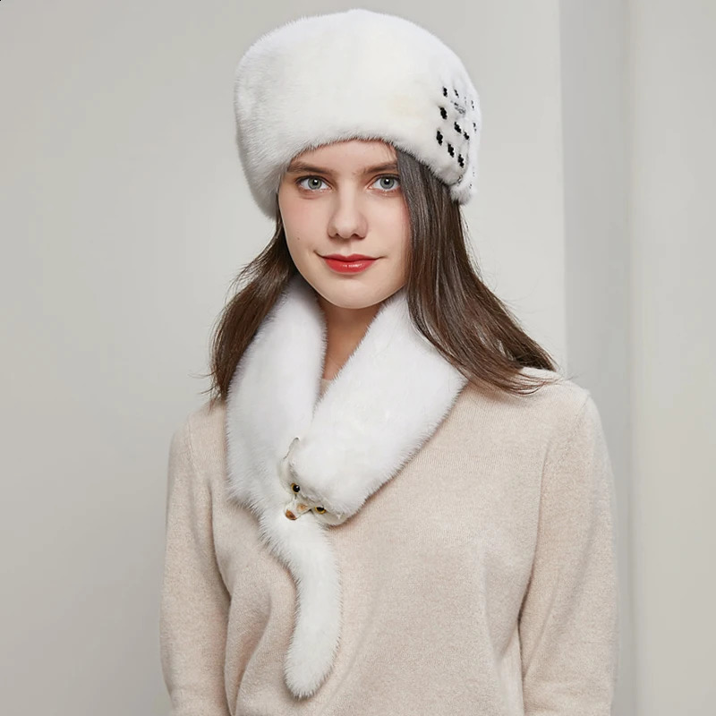 Womens Fashion Mink Grass Hat Natural Full Fur Premium Accessories Russian Winter Warm Earmuffs 240812