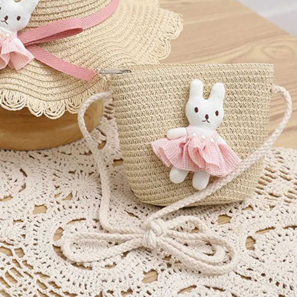 Cartoon Rabbit Mini Straw Bag Summer Beach Zipper Hand Woven Childrens Messenger Bag Coin Wallet Photo Props Cross body Handbag W240906