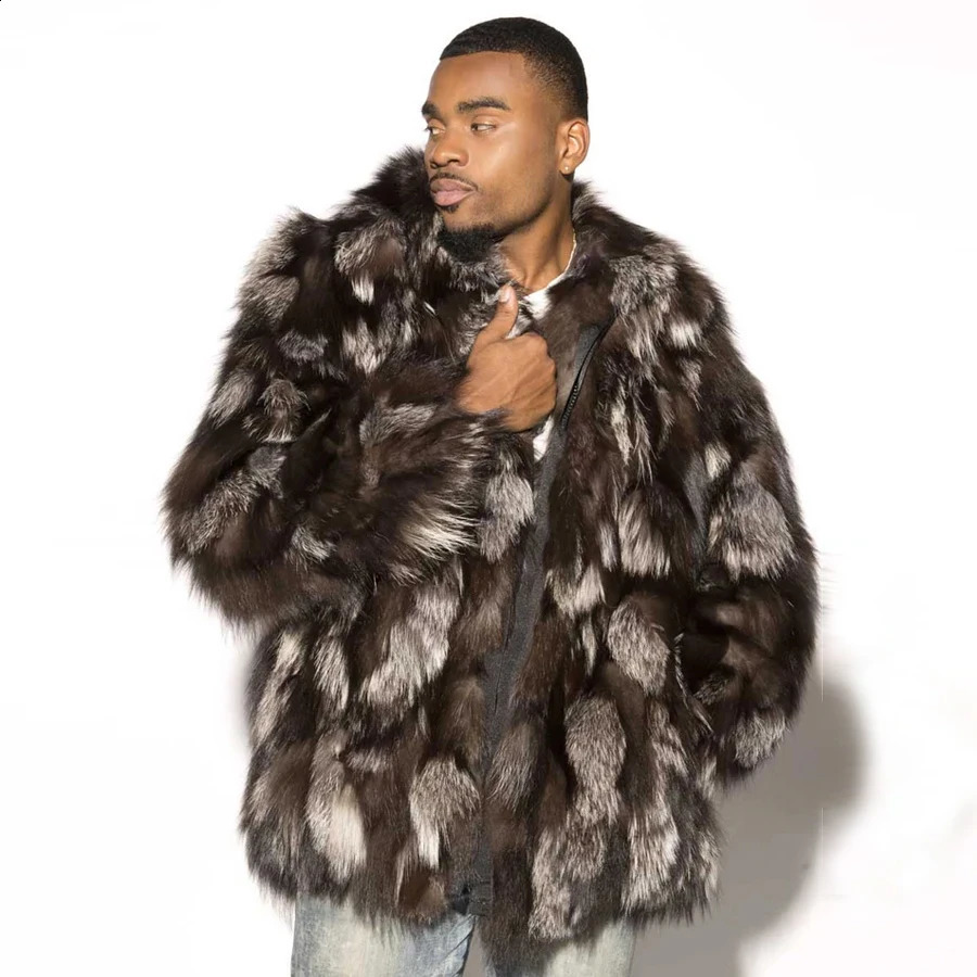 Silver fox fur mens jacket real winter fashionable y bomber 240809
