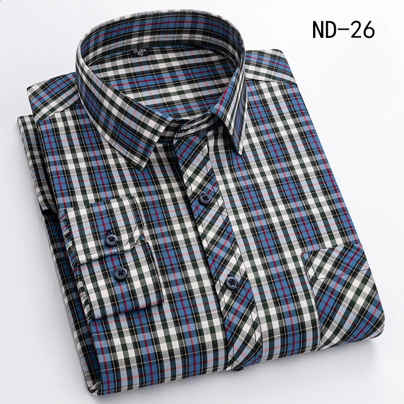 Cotton Plaid Shirts For Man Long Sleeve Single Pocket Regular Fit Soft Easy Care Classic Dress Casual Shirts Man Clothing 240814
