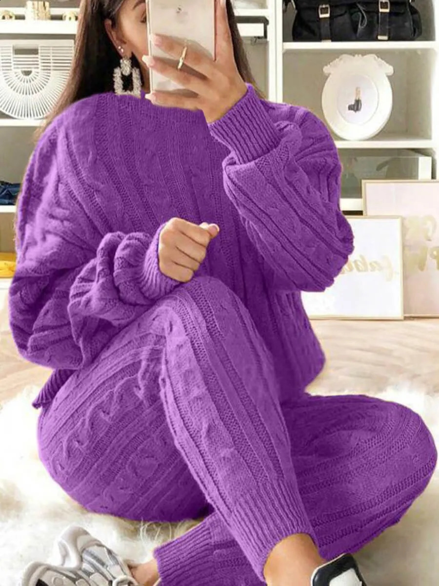 LW Plus Size Dropped Shoulder Knit Pants Set Womens Long Sleeve Knitted Casual Two-piece Sweater Long Sleeve Top Thick Sweaters 240813