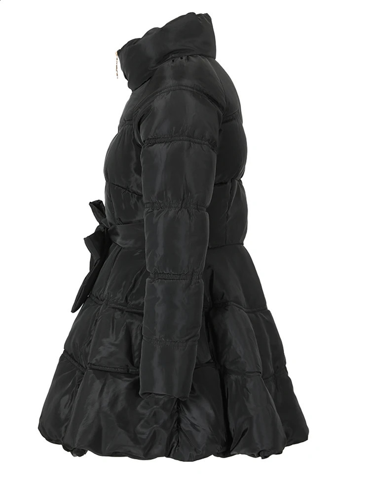 EAM Black Bandage Bow Cotton-padded Coat Long Sleeve Loose Fit Women Parkas Fashion Autumn Winter 2024 1DH5282 240813