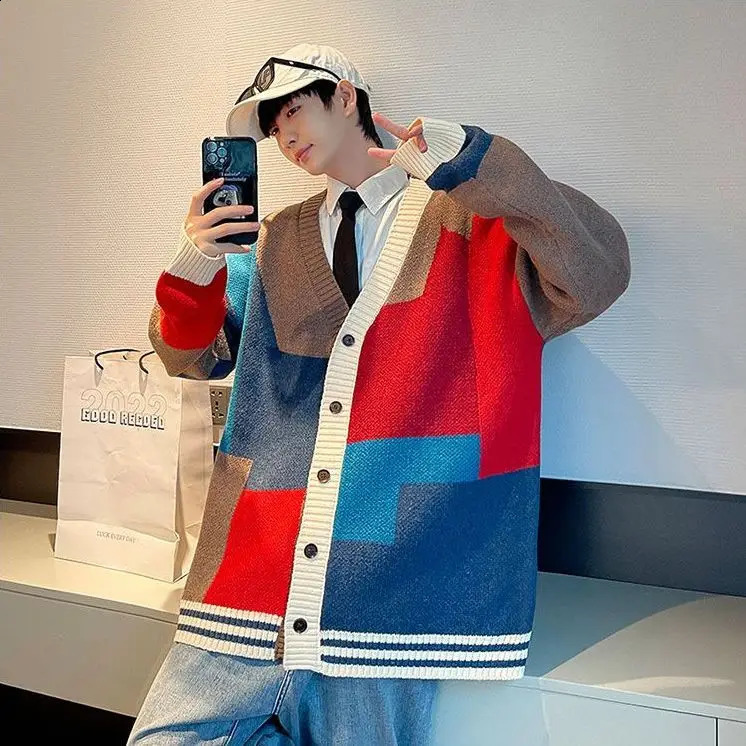 Sweater Mens Korean Version Loose Trendy Handsome Mens Knitted Cardigan Outerwear Thread Clothing Mens Item 240821