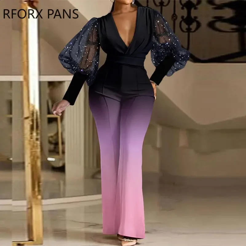 Women Elegant Contrast Mesh Lantern Sleeves Deep V Neck Straight Leg Jumpsuit 240813