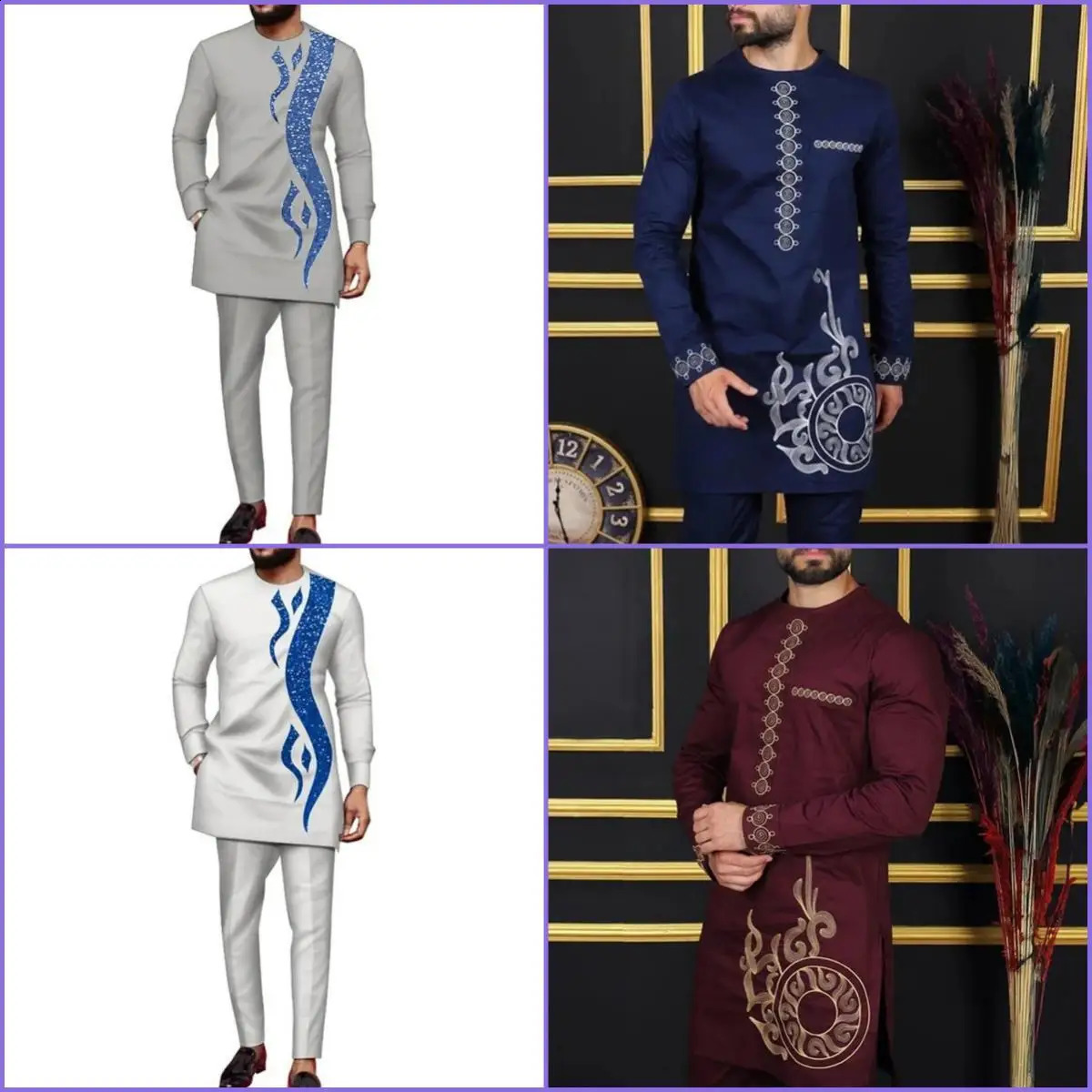 African Traditional Mens Set Grey Comfortable Cotton Embroidered Round Neck Long Sleeve Casual Two Piece Set Dashiki Style 240813