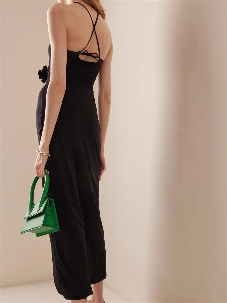 Women Sexy Halter Hollow Out 3D Flowers Long Dress Y2K Summer Off Shoulder Backless Bodycon Elegant Dresses Night Party Clubwear 240814