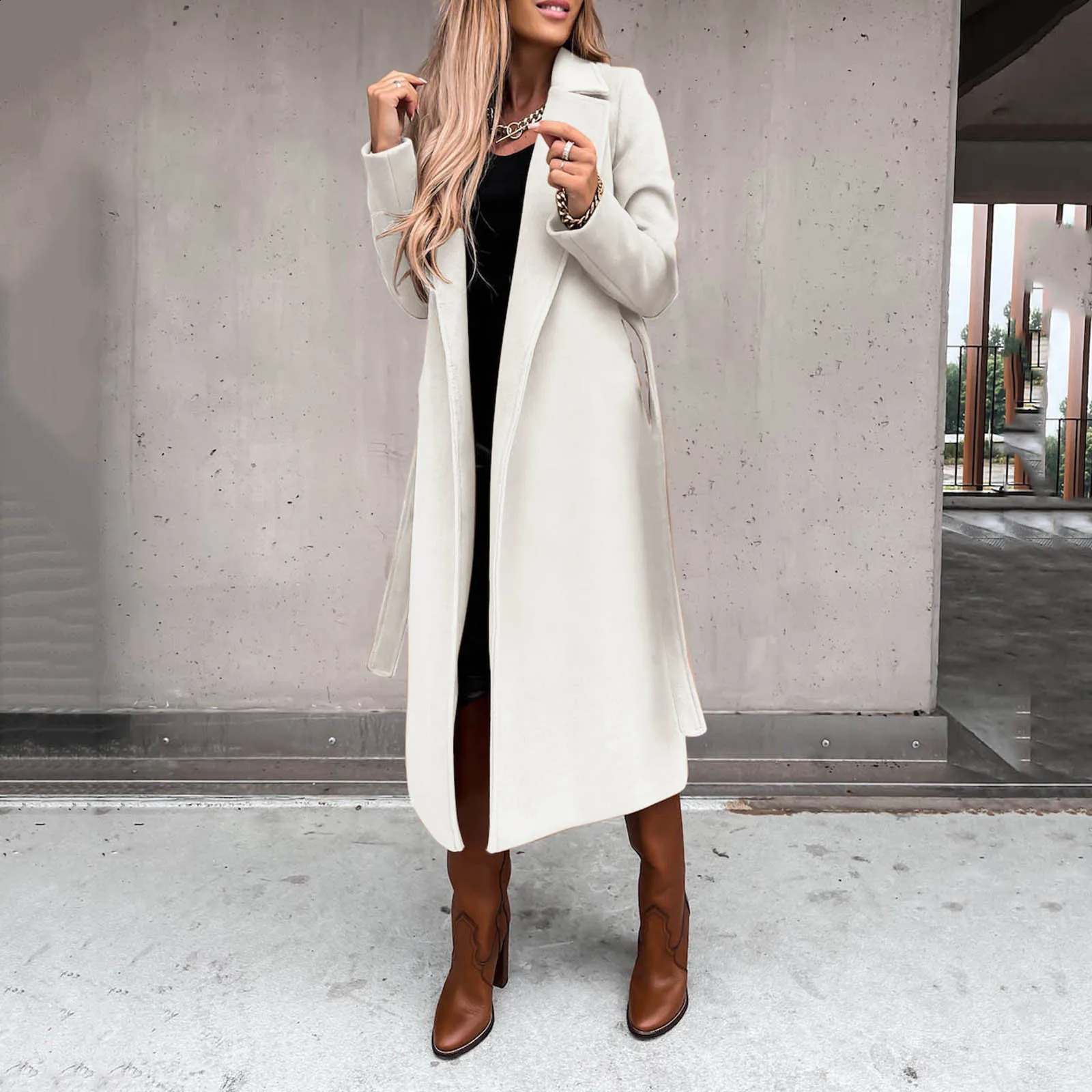 Elegant shoulder strap pocket coat womens autumn and winter solid collar long sleeved wool coat simple casual windproof 240828