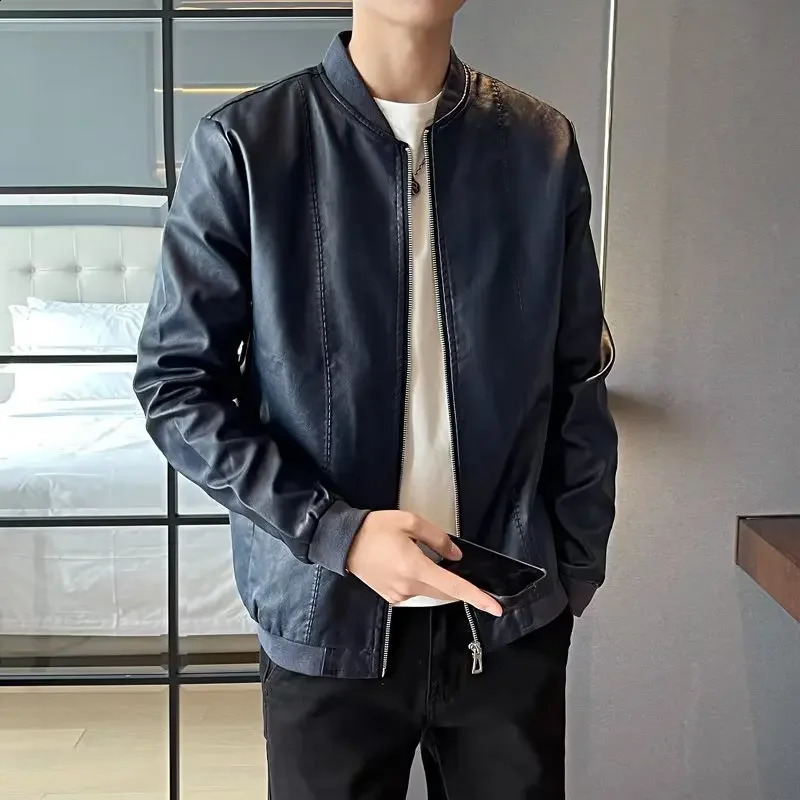 Spring Autumn Korean Style Slim Fit Fleece Lined Jacket For Men Trendy Versatile Thin Leather Motorcycle Jacket Casual Scene 240814