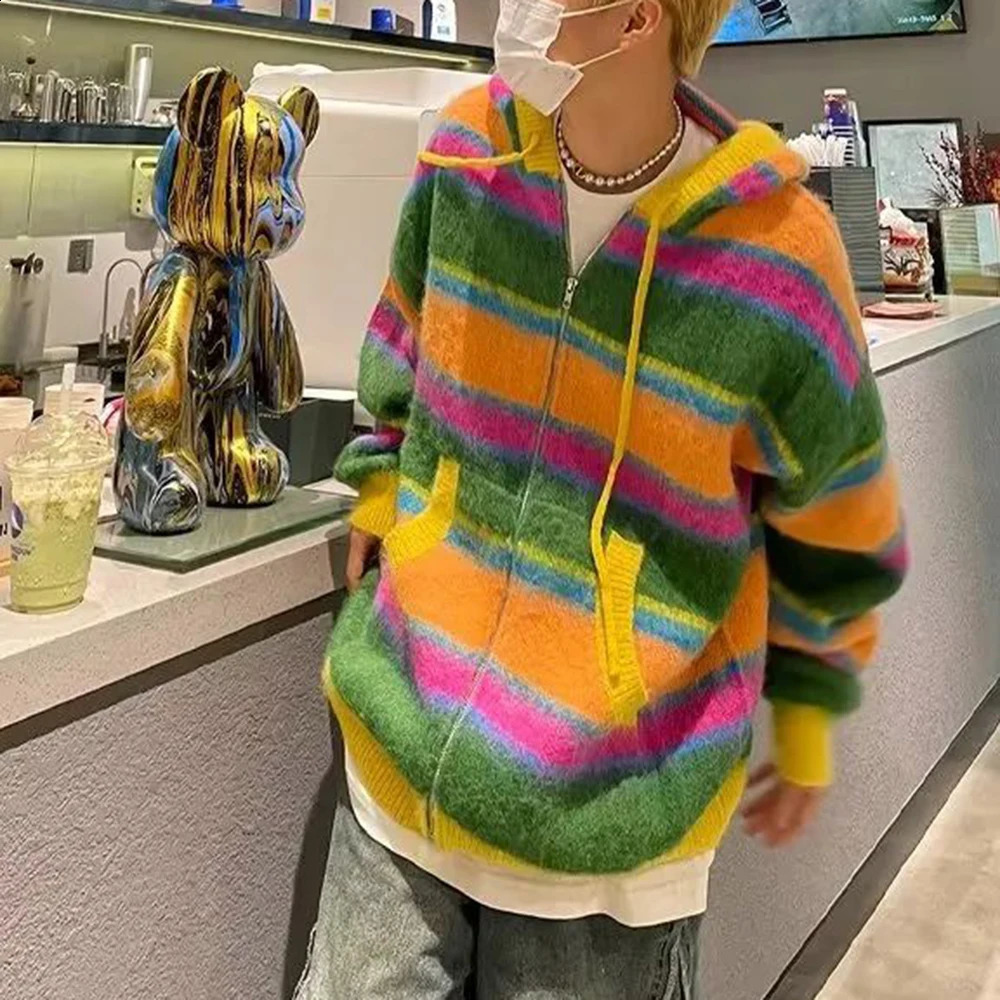 Mens Street Y2k Colorful Striped Knitted Hooded Jacket Autumn Winter Genderless Korean Version Lazy Style Casual Sweater Unisex 240814