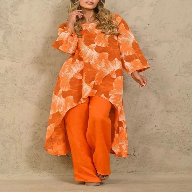 Casual Women Two Piece Sets Autumn Fashion O-neck Floral Print Long Tops Solid Wide Leg Pants Set Loose Trousers Suit 240813
