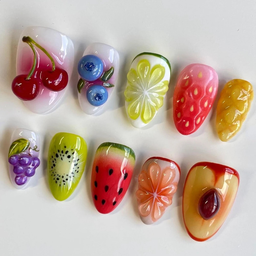 10 Pcs Handmade Manicure Medium Almond Nails Cute Fruit Limited Nails Press On Nails with Adhesive Nail File Set 240810