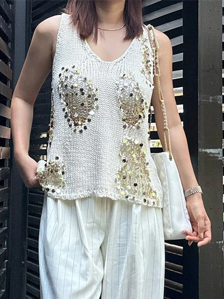 Casual Sequin V-neck Vest Women Knitted Sleeveless Shinny Loose Holiday Tank Female Summer Autumn All-match Street Vest 240814