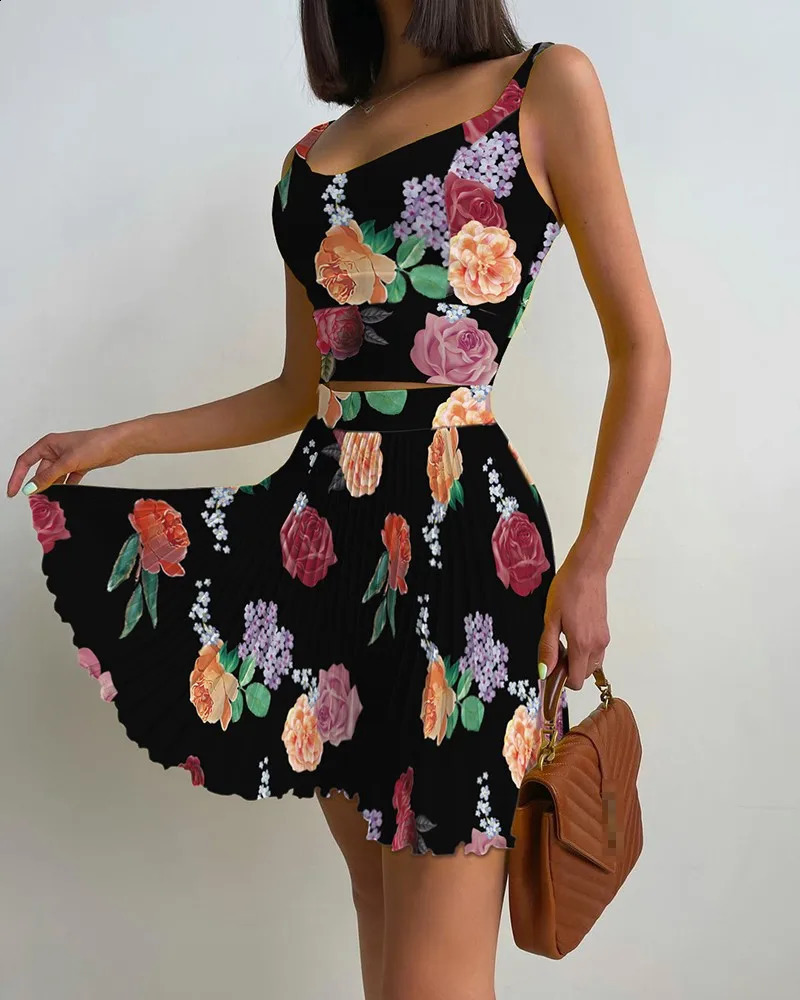 Set Woman 2 Pieces Summer Printed Slim High Waist Short Skirt Set Camisole and Pleated Skirt Setof Holiday Party Women Skirt 240810