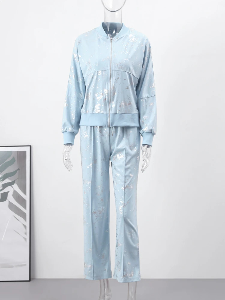 Clearance Sequined Print Trousers Women Two-piece Suit Zipper Long-sleeved Loose Female Coat Set Fashion Casual Pant Lady Sets 240813