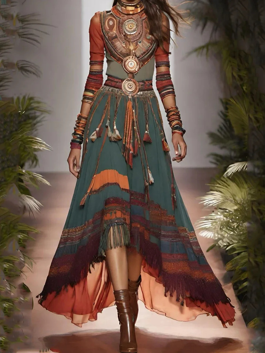 Summer/Autumn Vintage Womens Dress Bohemian Fashion Half Sleeve Patchwork Printed Tassel Irregular Hem Long Dresses 240814