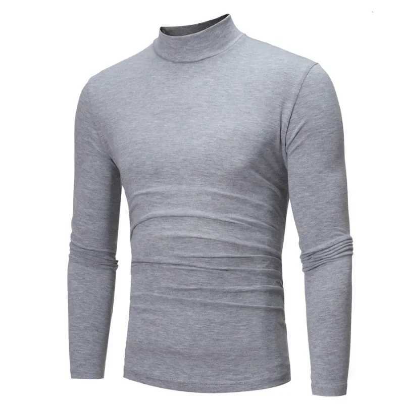 New Spring and Autumn Mens Casual Solid Color High Collar Winter Mens Slim Fit Long Sleeve T-shirt UnderlayM240814