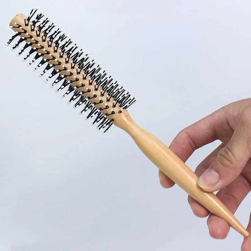 Mini round nylon hair brush with curly styling comb suitable for thin or short haired men with wooden handle W240813