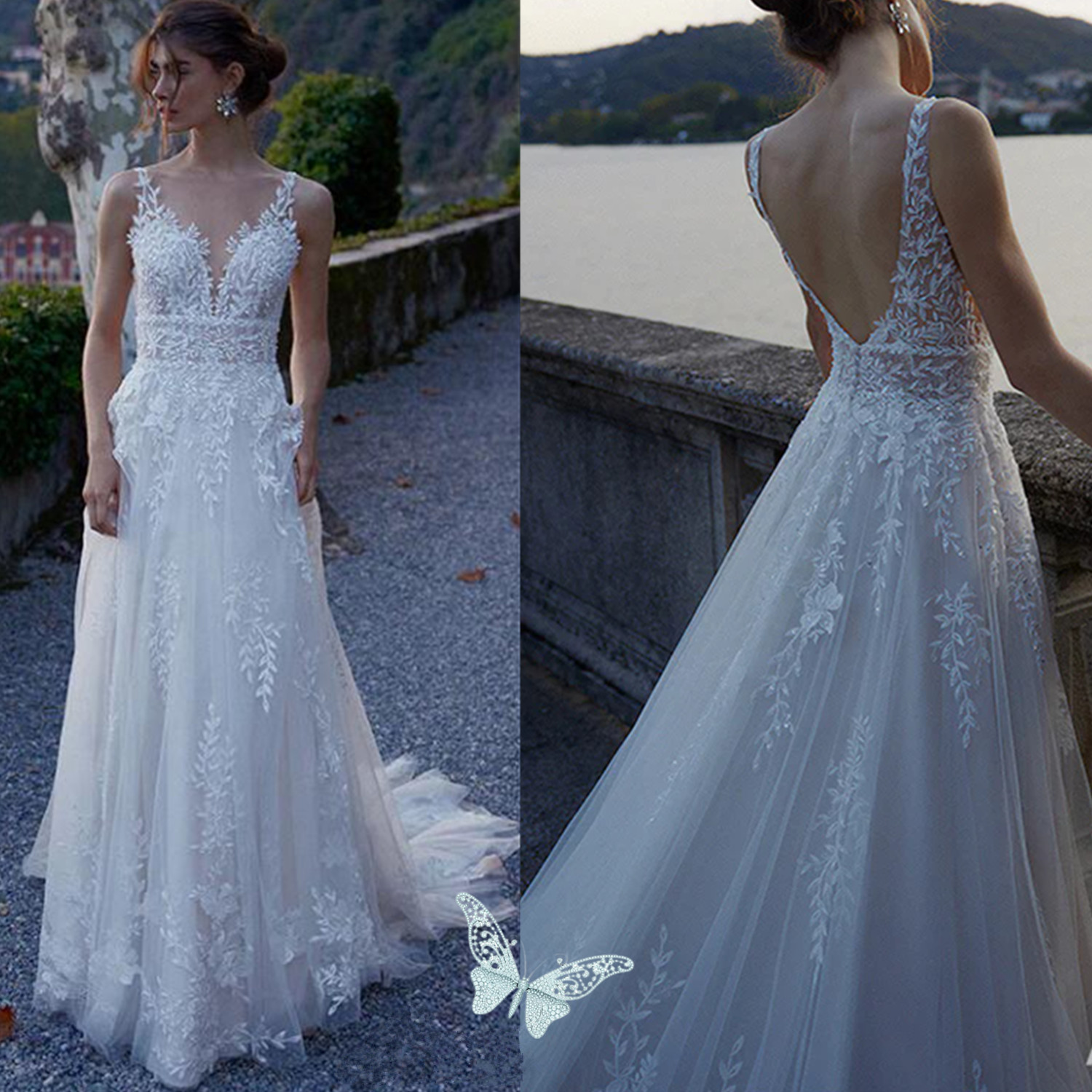 2024 Tulle Wedding Dresses Spaghetti Backless Lace Appliques Illusion Bodice Boho Bohemian Wedding Dress Robes