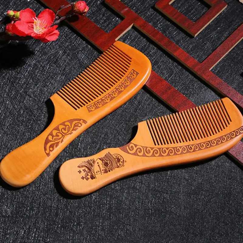 1-8 pieces of natural carved peach wood comb thick wood comb curly massage hair comb anti-static sandalwood hair comb W240813