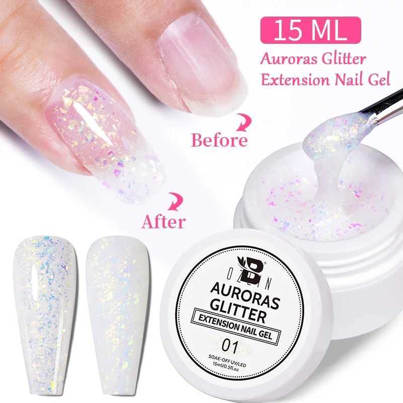 BOZLIN 15ml Aurora Glitter Extension Nail Gel Polish Shining Glimmer Semi Permanent Soak Off Color Extension Gel Rhinestone GlueM240814