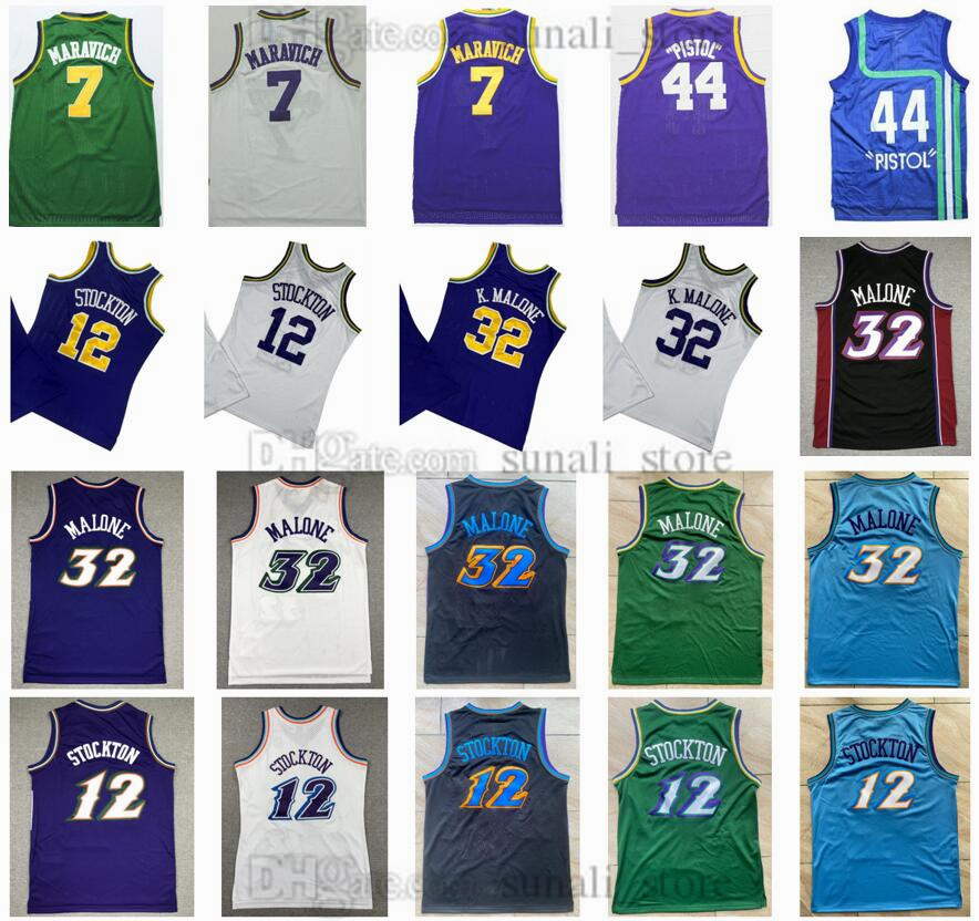 12 Stockton Jerseys Basketball Karl 32 Malone 44 Pistol Pete 7 Maravich Retro Purple White Sports Shirts Vintage Men's Size S-3XL