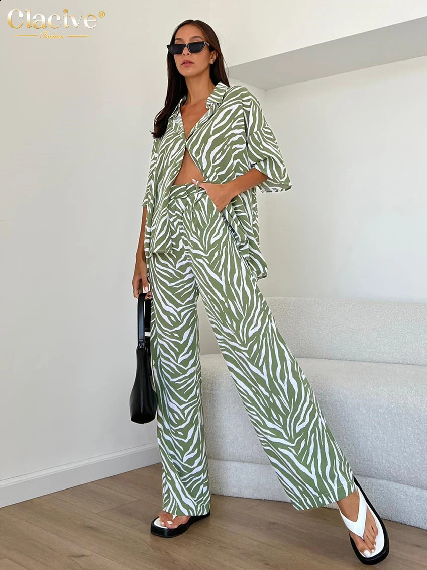 Clacive Summer Loose Zebra Print 2 Piece Sets Women Outfit Elegant Short Sleeve Shirts Matching High Waist Pants Set Female 240813