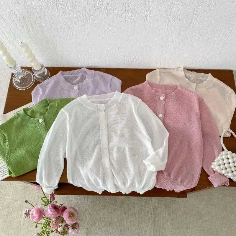 2024 Summer New Baby Long Sleeve Cotton Open Knitted Woolen Sweater Thin Breathable Baby Girls Knitted Sunscreen Jacket Boys Solid Top W240813