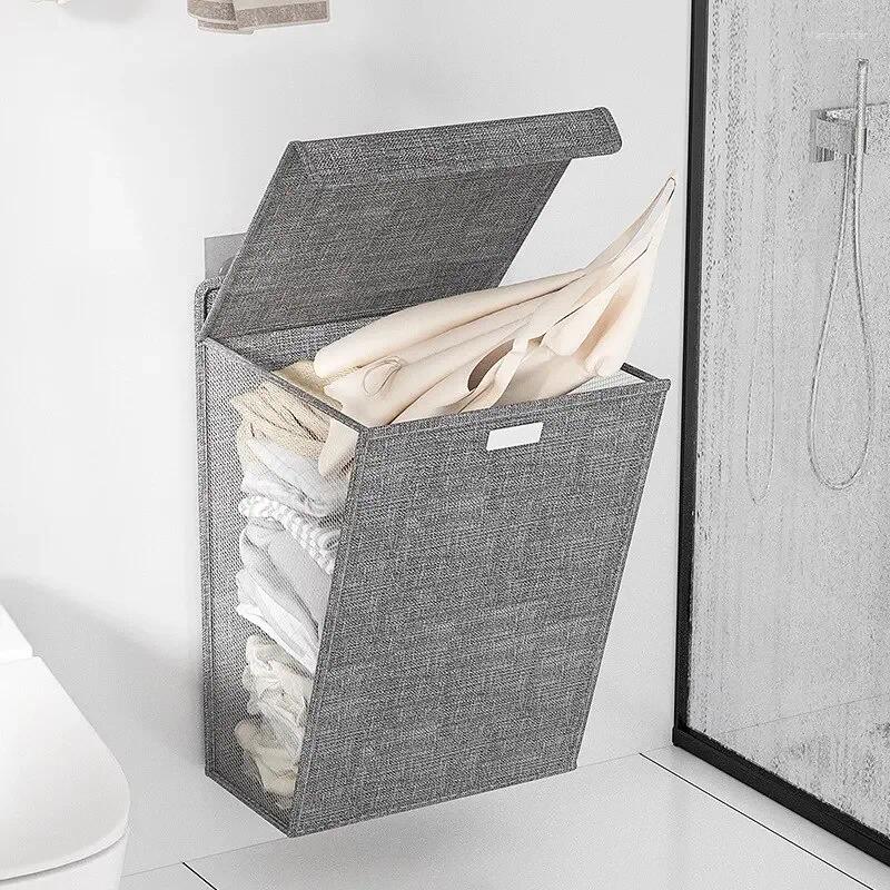 Laundry Bags 1pc Foldable Adhesive Basket Hamper Multifunctional Punch Free Wall Hanging Washing Clothes Mesh Hook Organizer