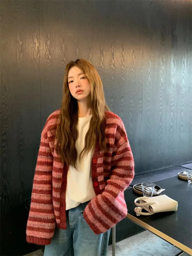 Korean style Women Red Streak Striped Cardigans Contrast Color V Neck Spring Autumn Cardigan Women Single Breasted Sweaters 240813