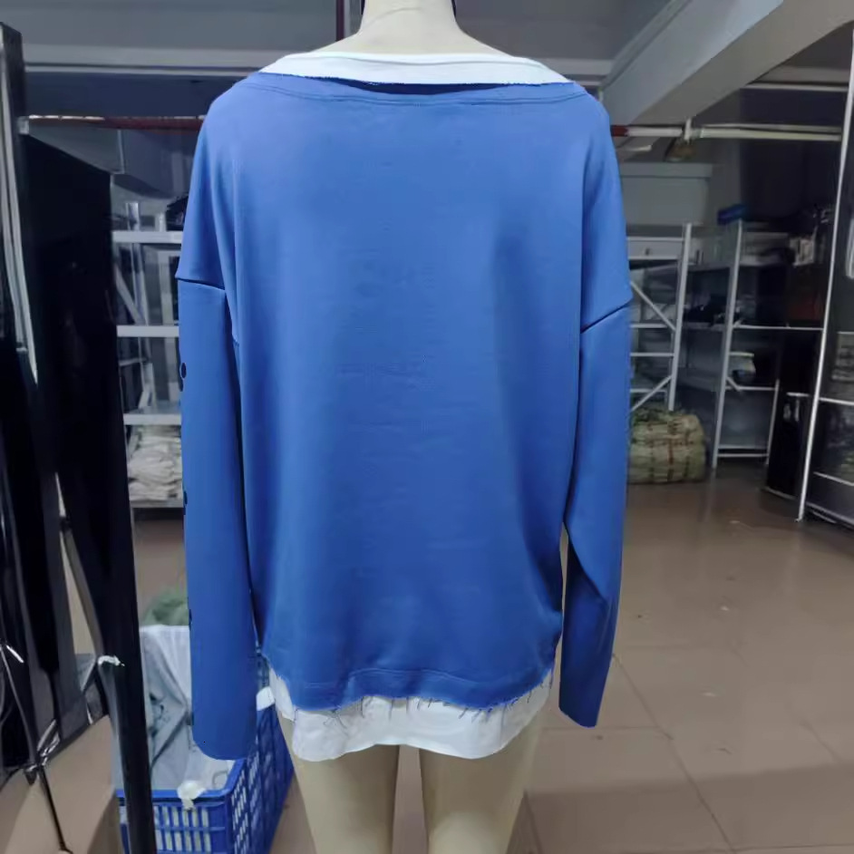 Fake two long sleeved printed T-shirts, blue top, loose and versatile round neck base shirt, trendy d76e4