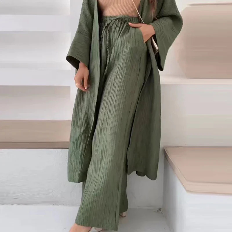 Elegant Female Loose Solid Color Outfits Womens Autumn Suits Lady Pleated Texture TopStraight Casual Pants Two-Piece Sets 240813