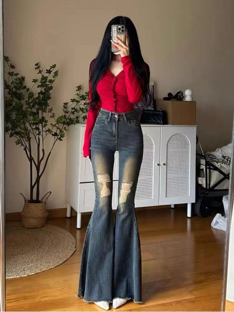 Thin hole, big horn, elastic thin jeans, women's high waist, small stature, summer hot girl, horn pants