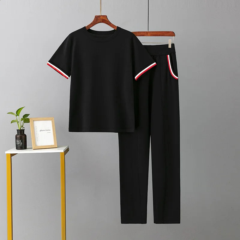 HLBCBG Spring Summer Orange Casual Knitted Two Piece Set Short Sleeve Women T Shirt Tracksuits Pants Suits Knitwear 2 Piece Sets 240813