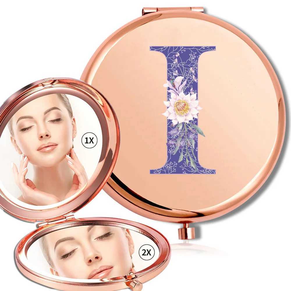 Womens cosmetics metal round mirror double-sided handheld facial care makeup folding pocket appearance glass purple letter pattern W240813