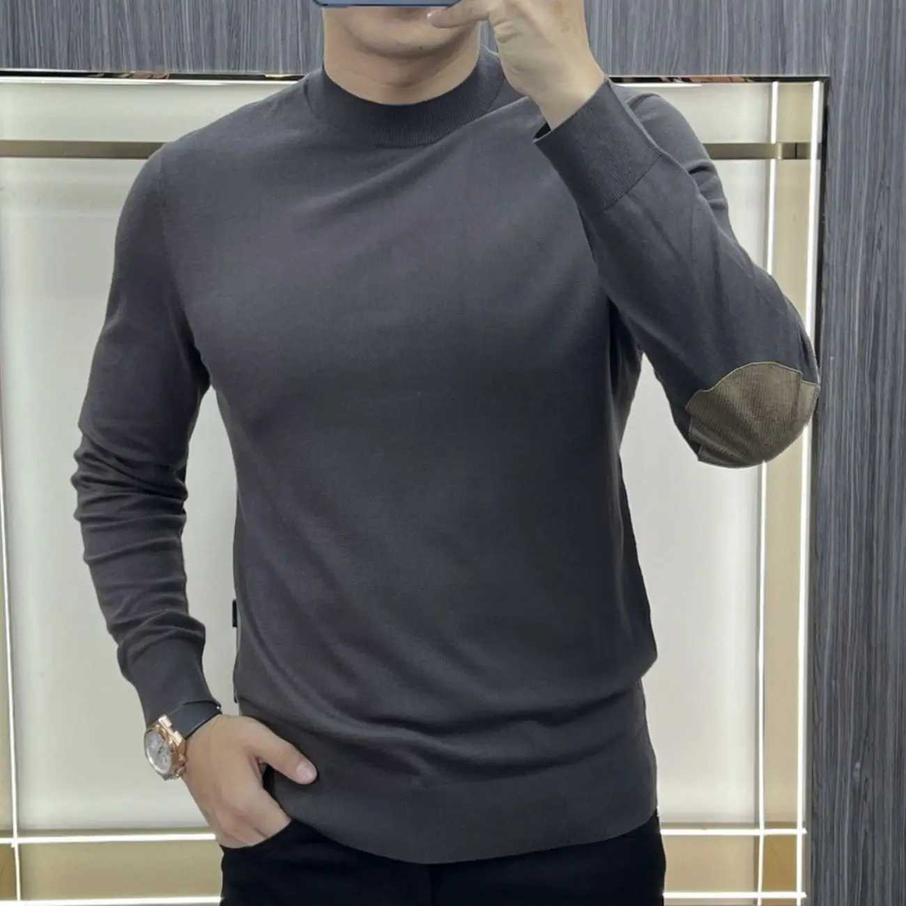 Autumn and Winter Mens New Fashion Casual Solid Color Korean Fit Round Neck Long Sleeve Comfortable Fit Versatile T-shirtM240814