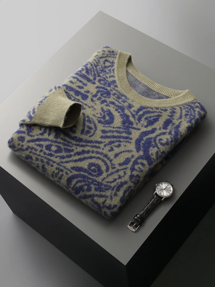 Autumn Winter Man 100% Wool Cashmere Sweater National Style Jacquard Thickened Jumper O Neck Pullover Leisure Long-Sleeved Top 240821