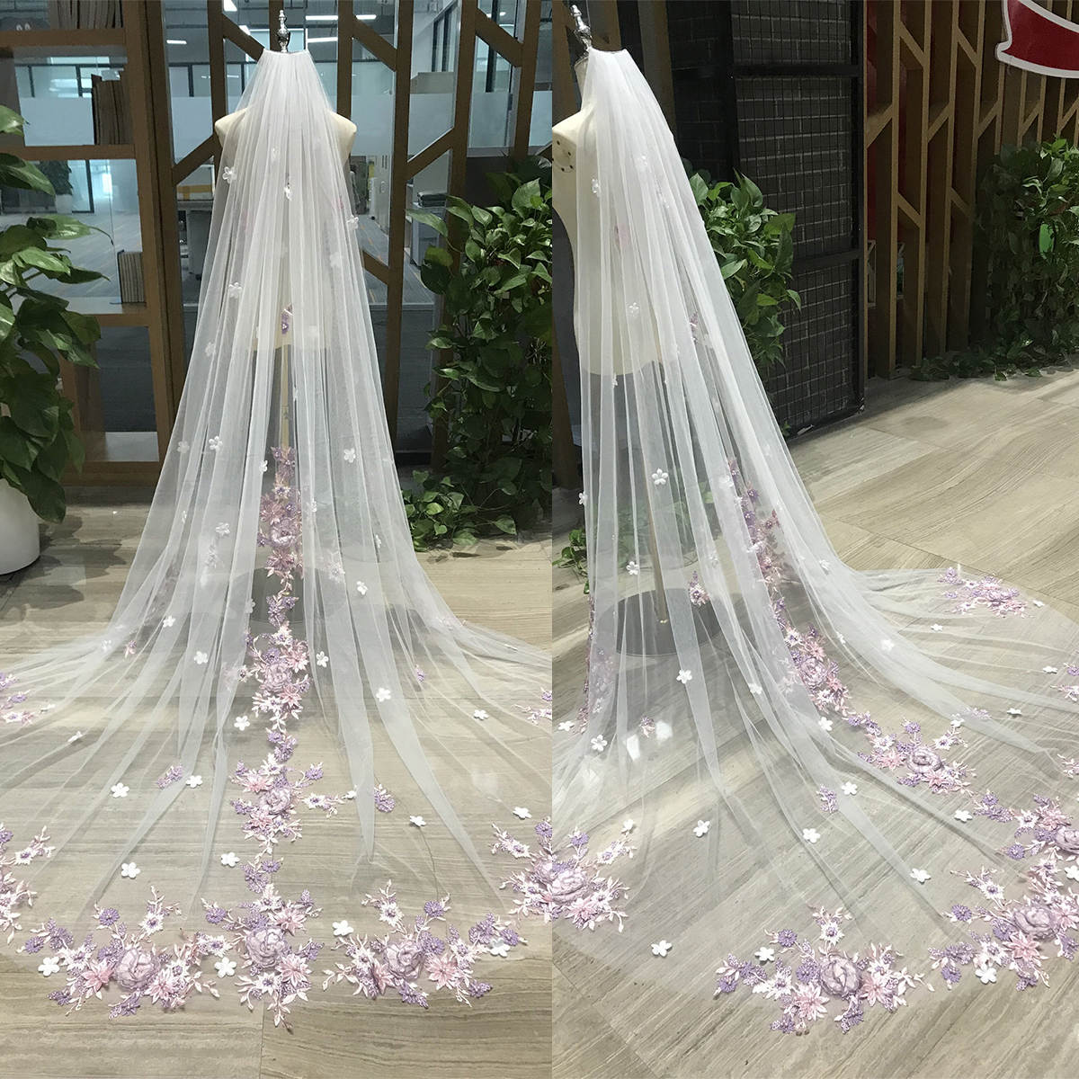 Romantic Wedding Veil For Women 3D Flowers Appliques Pearls Long Special Cut Royal Bridal Veil with Comb Veil 3M Wedding Accessories Custom Made