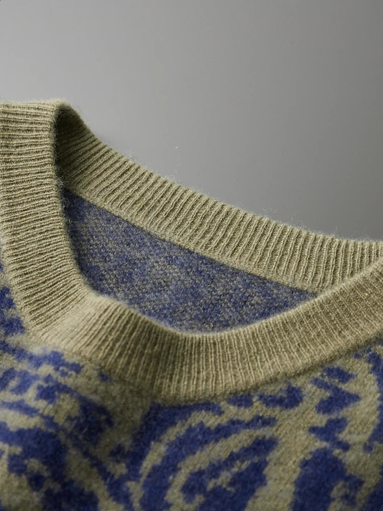 Autumn Winter Man 100% Wool Cashmere Sweater National Style Jacquard Thickened Jumper O Neck Pullover Leisure Long-Sleeved Top 240821