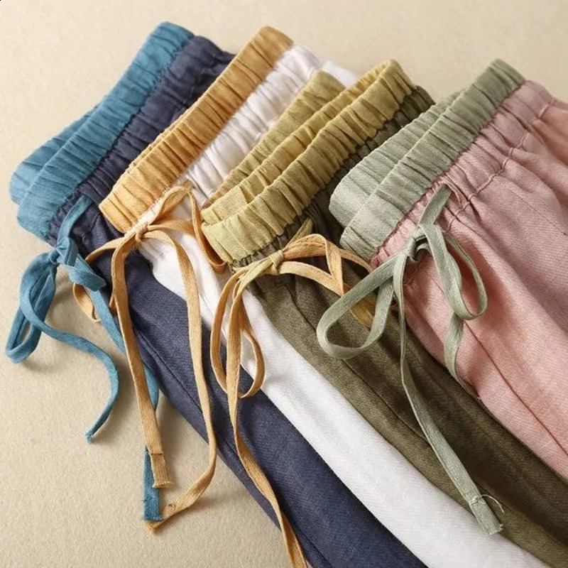 Loose Harem Pants for Womens High Waisted Cotton Linen Casual Womens Pants Thin Comfort Elastic Waist Drawstring Cropped Pants 240813