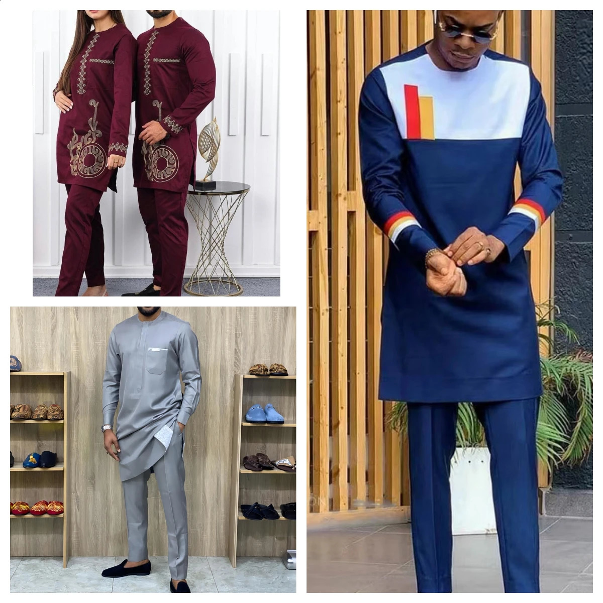 African Mens Clothing Mens Suit Two-Piece Pants Set Round Neck Stitching Solid Color Long Sleeves Festival Social Ethnic Style 240813