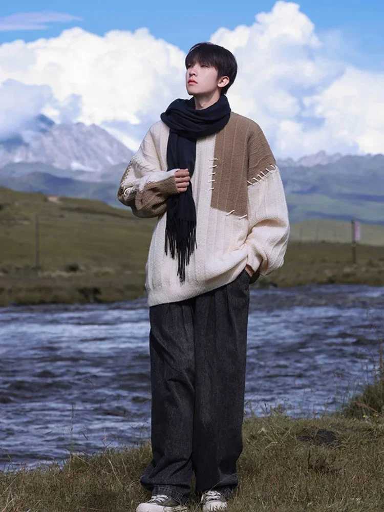 Knitted sweater mens Pullover oversized sweater mens winter Harajuku casual streetwear patch work autumn hip-hop splicingW240729