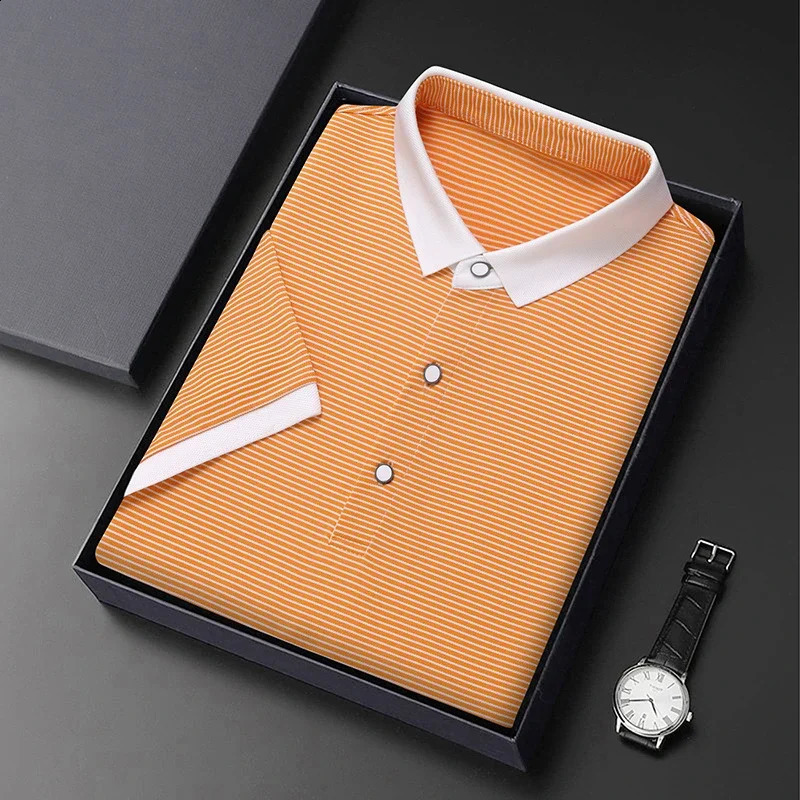 2024 Mens Striped Cotton Business Casual Short Sleeved POLO Shirt Fashion Short Sleeved Comfortable and Breathable Top o240814