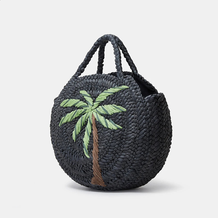 Fashion Coconut Tree Pattern Straw Women Handbags Round Corn Husk Woven Hand Bags Handmade Summer Beach Bag Large Tote Purses 240812