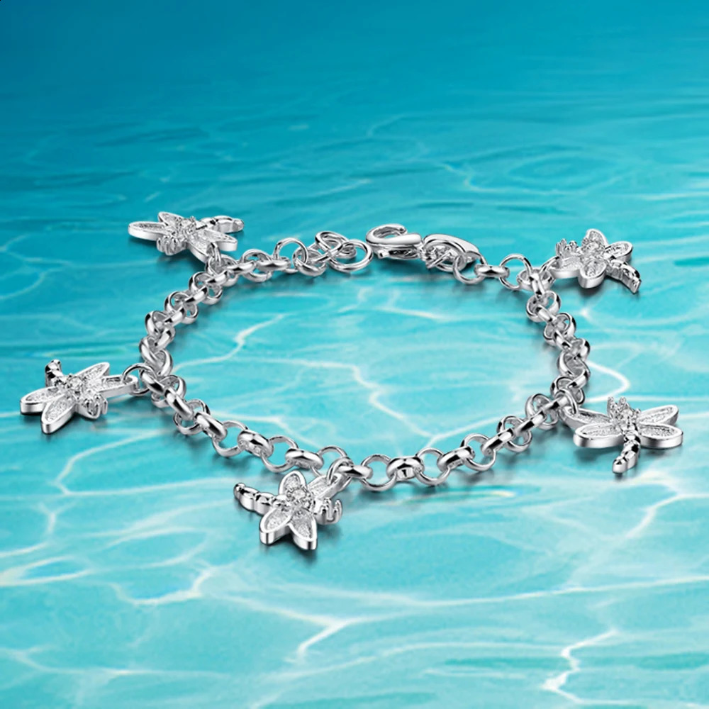 Fashion 925 Solid Silver Dragonfly Bracelet For Women Bohemian Cute Charm Hand Catenary Bangle Jewelry 240813