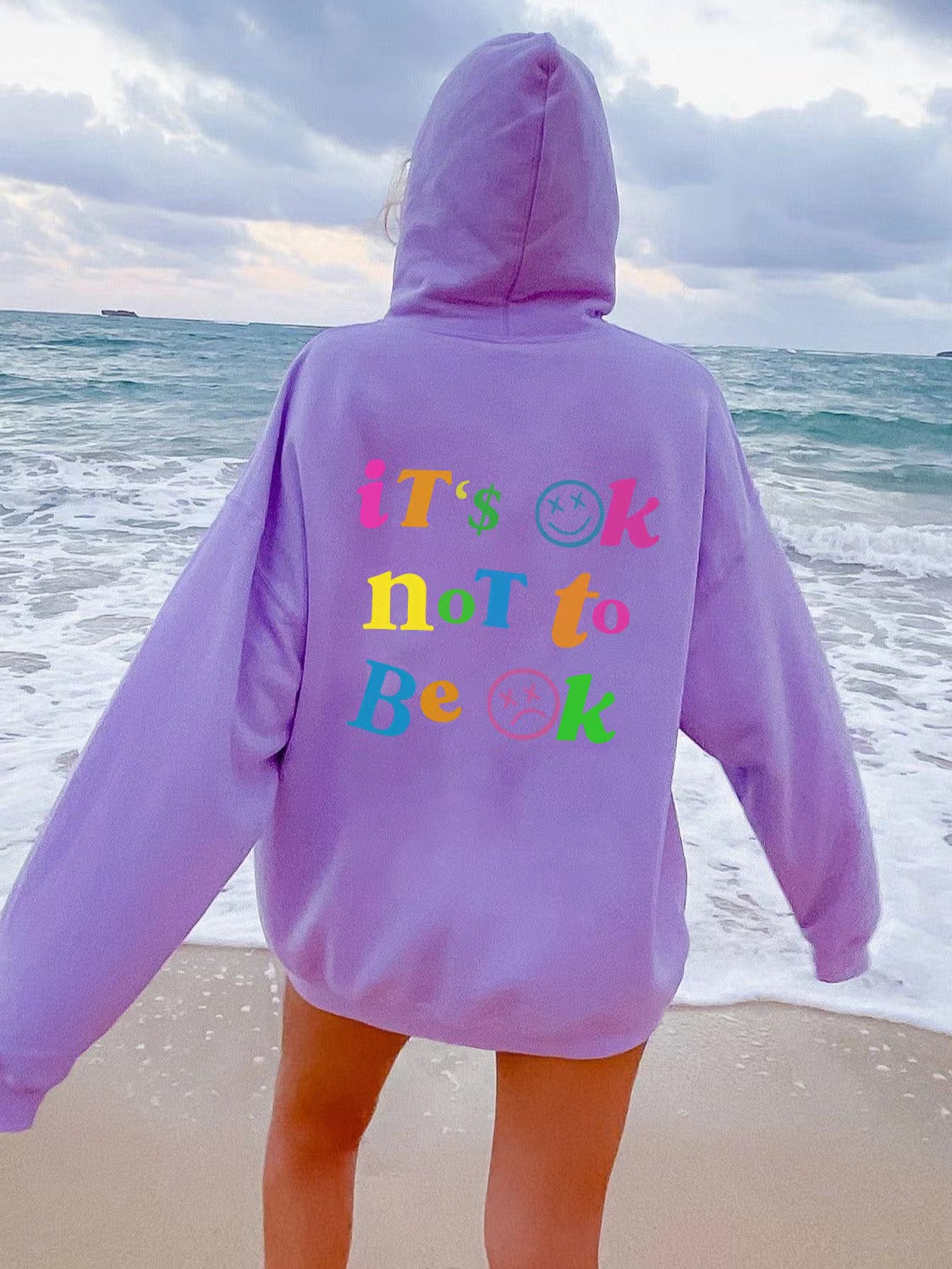 2024 Independent Station Foreign Trade Women's Plush Hoodie Solid Color Letter Printed Kangaroo Pocket Drawstring Printed Hoodie