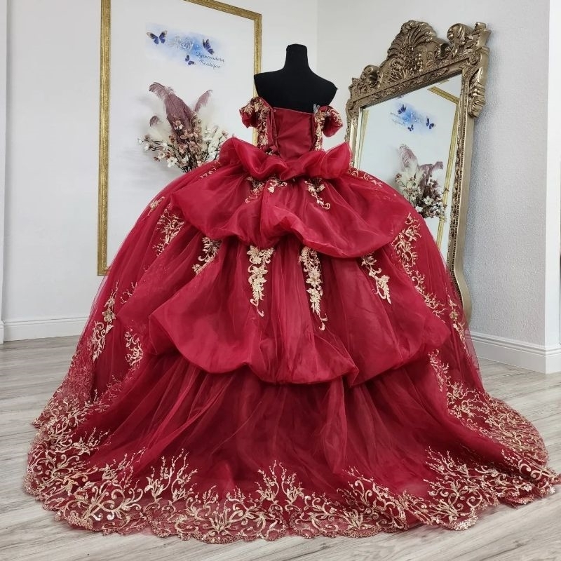 Red Princess Quinceanera Dresses Off Shoulder Gold Applique Lace Beads Tull Sweet 16 Birthday Party Wear Vestido 15 De quinceanera