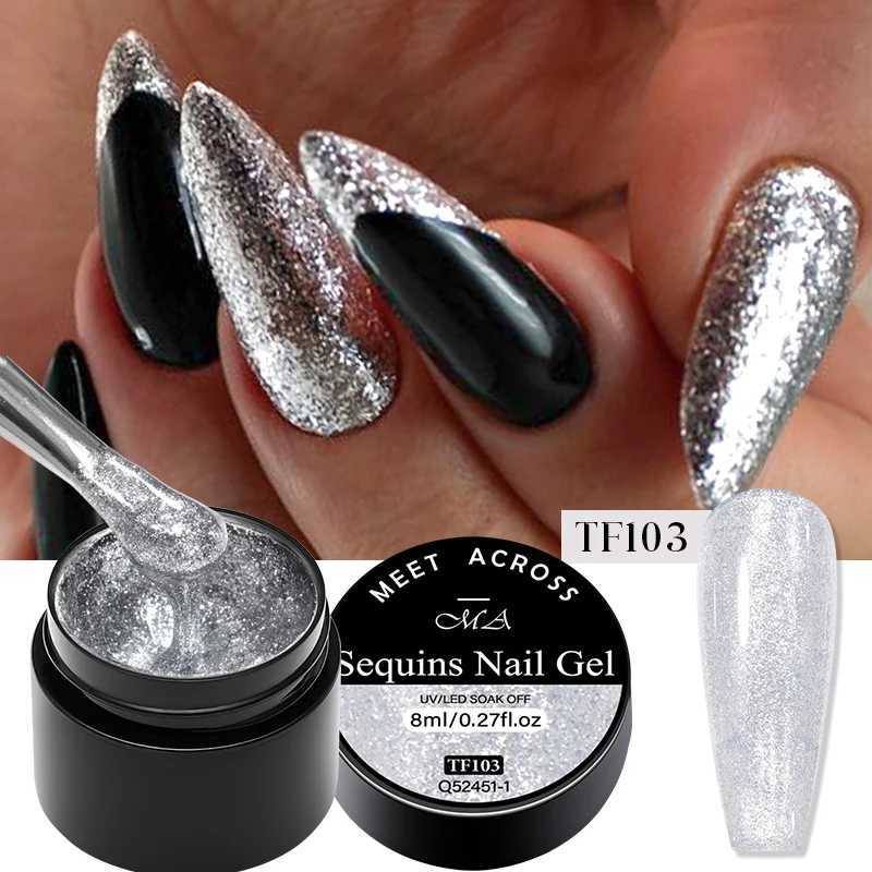 MEET ACROSS 8ml Glitter Sequins Gel Nail Polish Shiny Sparkling Silver Platinum Pink Semi Permanant Nail Art Gel ManicureM240814