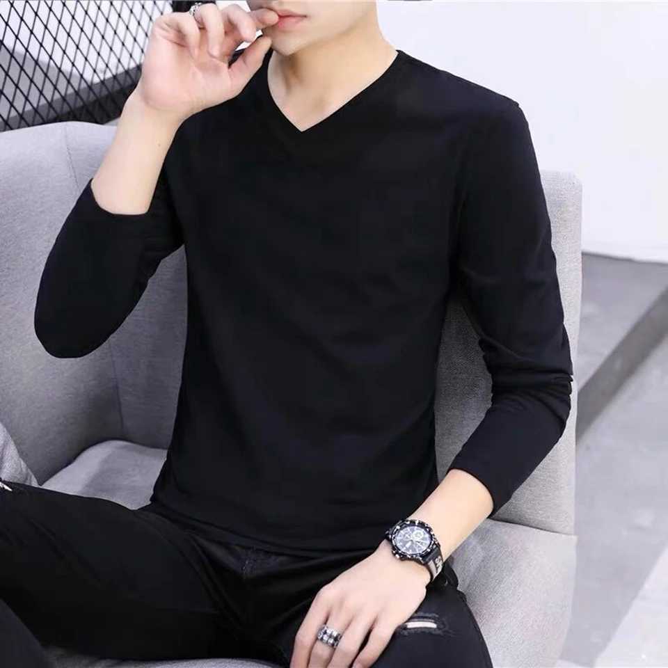 Pullover Men T-shirt Solid Color Spring Summer Tee V-Neck Basic Casual Fashion Long Sleeve Male Polyester S-5XLM240814